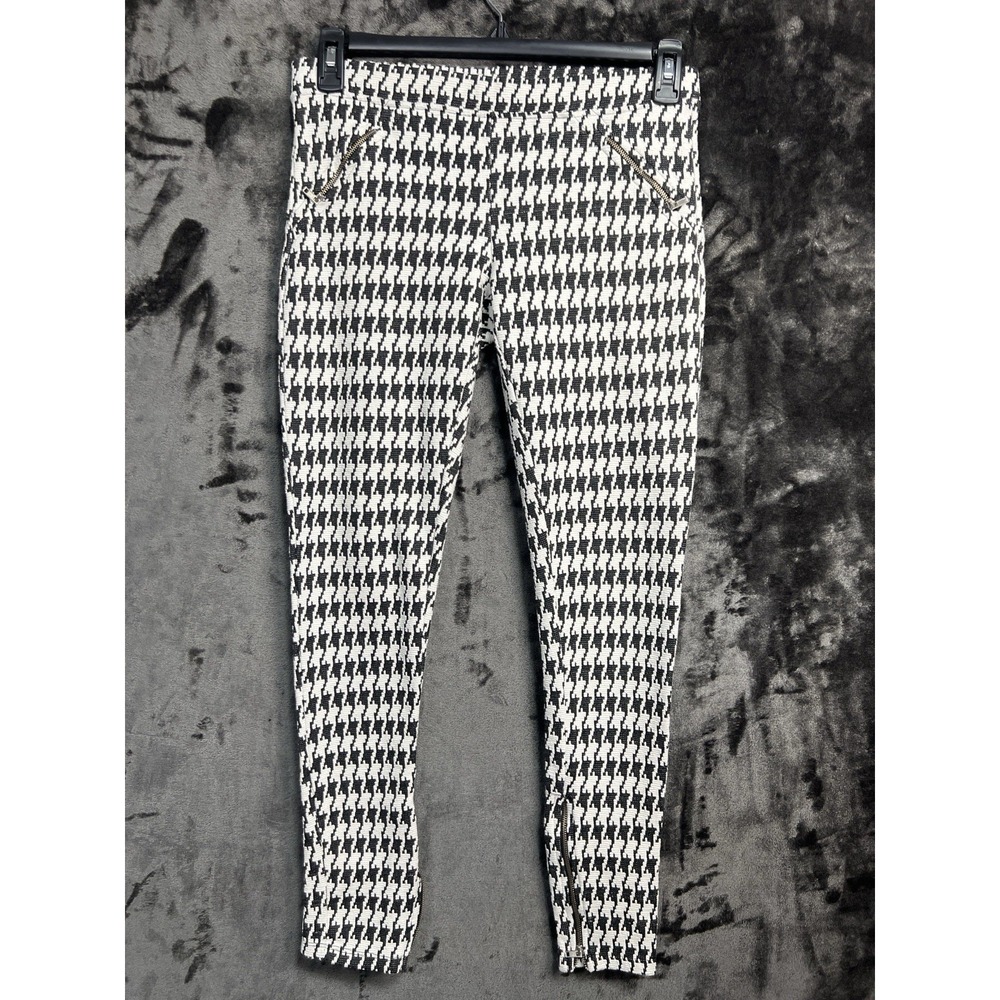 Zara Trafaluc Houndstooth Pants Women's Medium Black White Zip Ankle Stretch